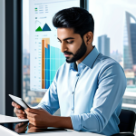 A professional young Pakistani man in a modest business casual shirt, focused on a sleek tablet at a minimalist desk in a contemporary office. Holographic financial charts and abstract blockchain elements glow softly around him, symbolizing digital growth and understanding. The background features a large window overlooking a modern, digitally enhanced cityscape, capturing a bright, optimistic atmosphere. Perfect anatomy, correct proportions, natural pose, well-formed hands, proper finger count, professional photography, high-quality, ultra-detailed, cinematic lighting, safe for work, appropriate content, fully clothed, professional dress, family-friendly.