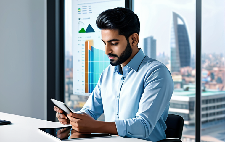 A professional young Pakistani man in a modest business casual shirt, focused on a sleek tablet at a minimalist desk in a contemporary office. Holographic financial charts and abstract blockchain elements glow softly around him, symbolizing digital growth and understanding. The background features a large window overlooking a modern, digitally enhanced cityscape, capturing a bright, optimistic atmosphere. Perfect anatomy, correct proportions, natural pose, well-formed hands, proper finger count, professional photography, high-quality, ultra-detailed, cinematic lighting, safe for work, appropriate content, fully clothed, professional dress, family-friendly.