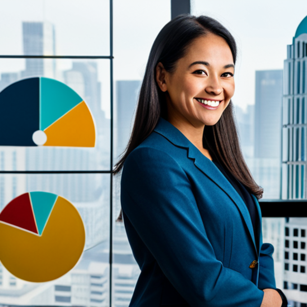Diversified Portfolio**
"A professional, fully clothed woman in her early 30s, smiling confidently, standing in front of a stylized graphic depicting a pie chart with various segments representing different investments: stocks, bonds, real estate, and gold. The scene is brightly lit with a modern, financial district backdrop visible through a large window. Safe for work, appropriate content, professional, modest, perfect anatomy, correct proportions, natural pose, high-quality rendering."
**