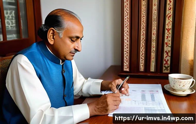 50대의 연금 상품 선택 가이드 - A middle-aged South Asian man in traditional shalwar kameez sitting at a wooden desk, attentively re...