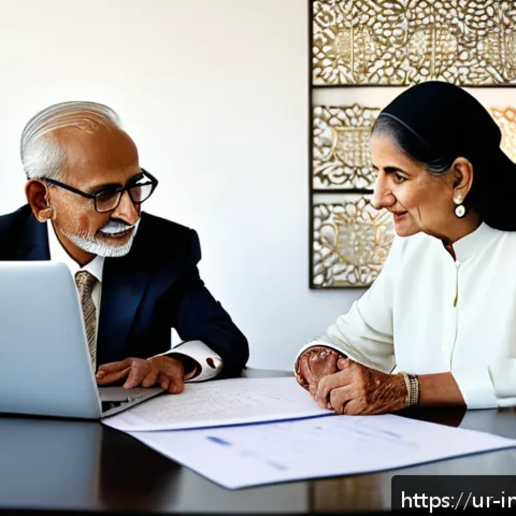 50대 이상을 위한 투자 리더십 개발 - A serene and sophisticated elderly South Asian couple sitting together at a modern home office desk,...