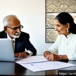 Home 18 50대 이상을 위한 투자 리더십 개발 - A serene and sophisticated elderly South Asian couple sitting together at a modern home office desk,...