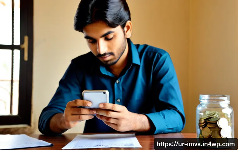 연령대별 투자 시 유의해야 할 점 - Photorealistic Pakistani young professional in a modest Karachi apartment, carefully comparing a sma...