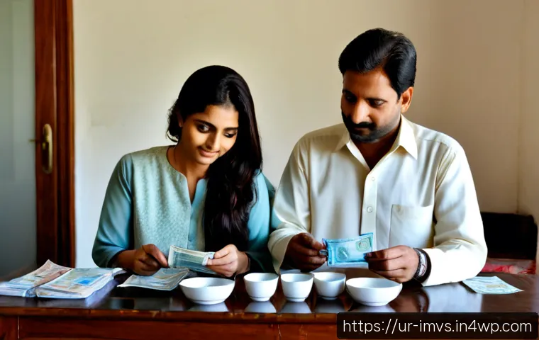 Home 17 50대의 저축과 투자의 적절한 비율 - Photorealistic Pakistani couple in their 50s sitting at a tidy dining table in a warm Lahore home, c...